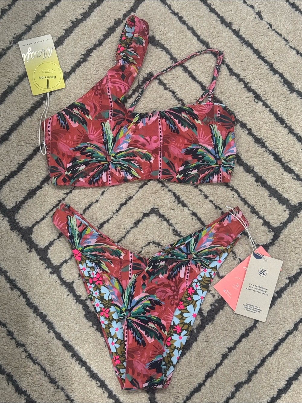 Revolve X Maaji Reversible Flame Palms Bikini NWT Top M Bottom L